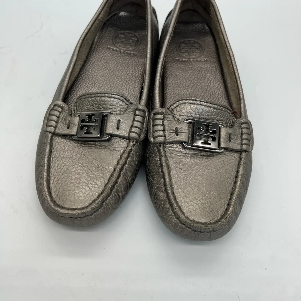 Tory Burch Metallic Pewter Leather Driving Loafers